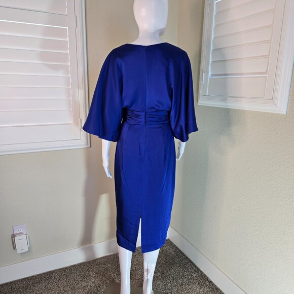 Theia Kimono Satin Cocktail Midi Dress in Cobalt Blue - Picture 2 of 5